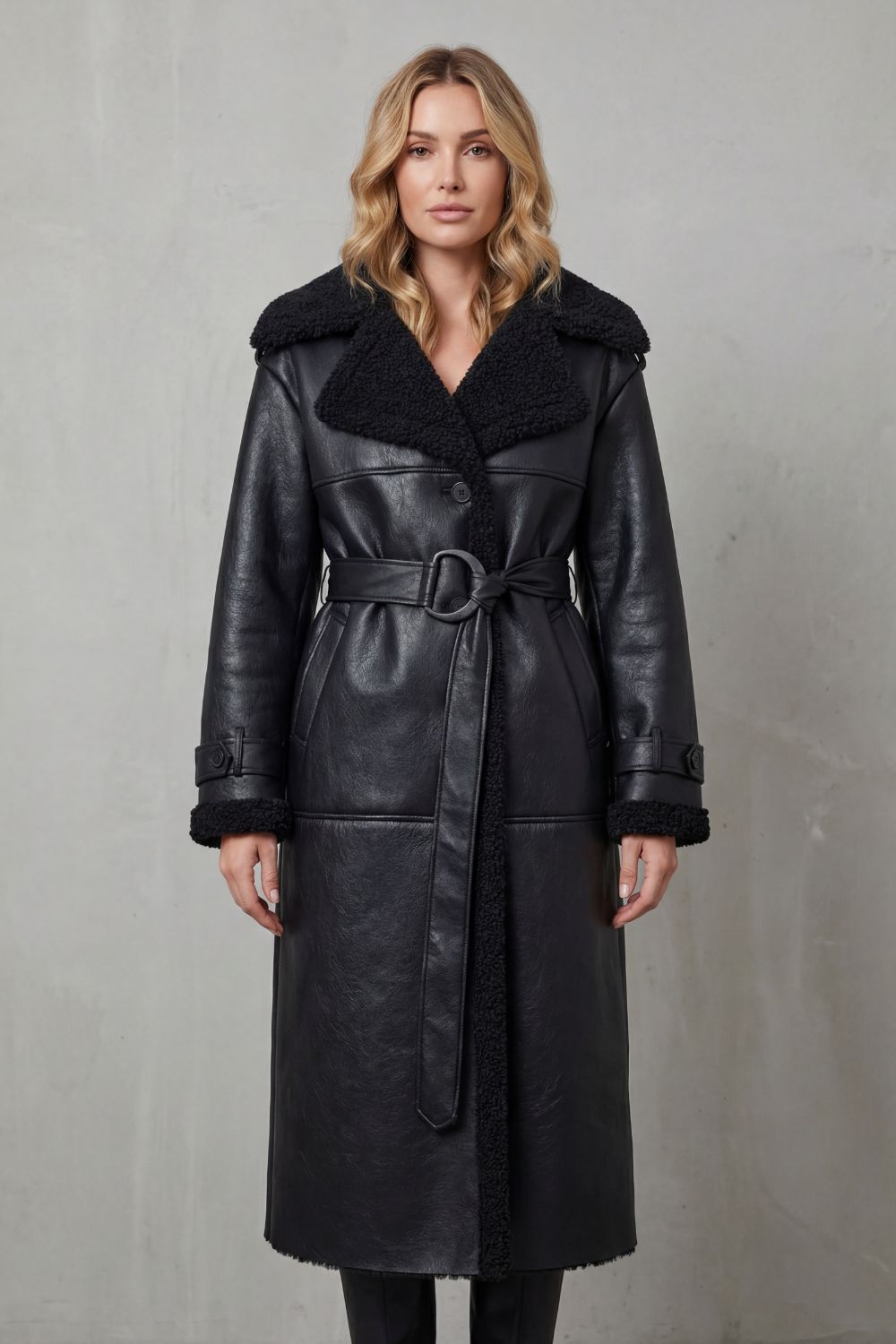 Ravienne Oversized Shearling Trim Belted Longline Aviator Coat