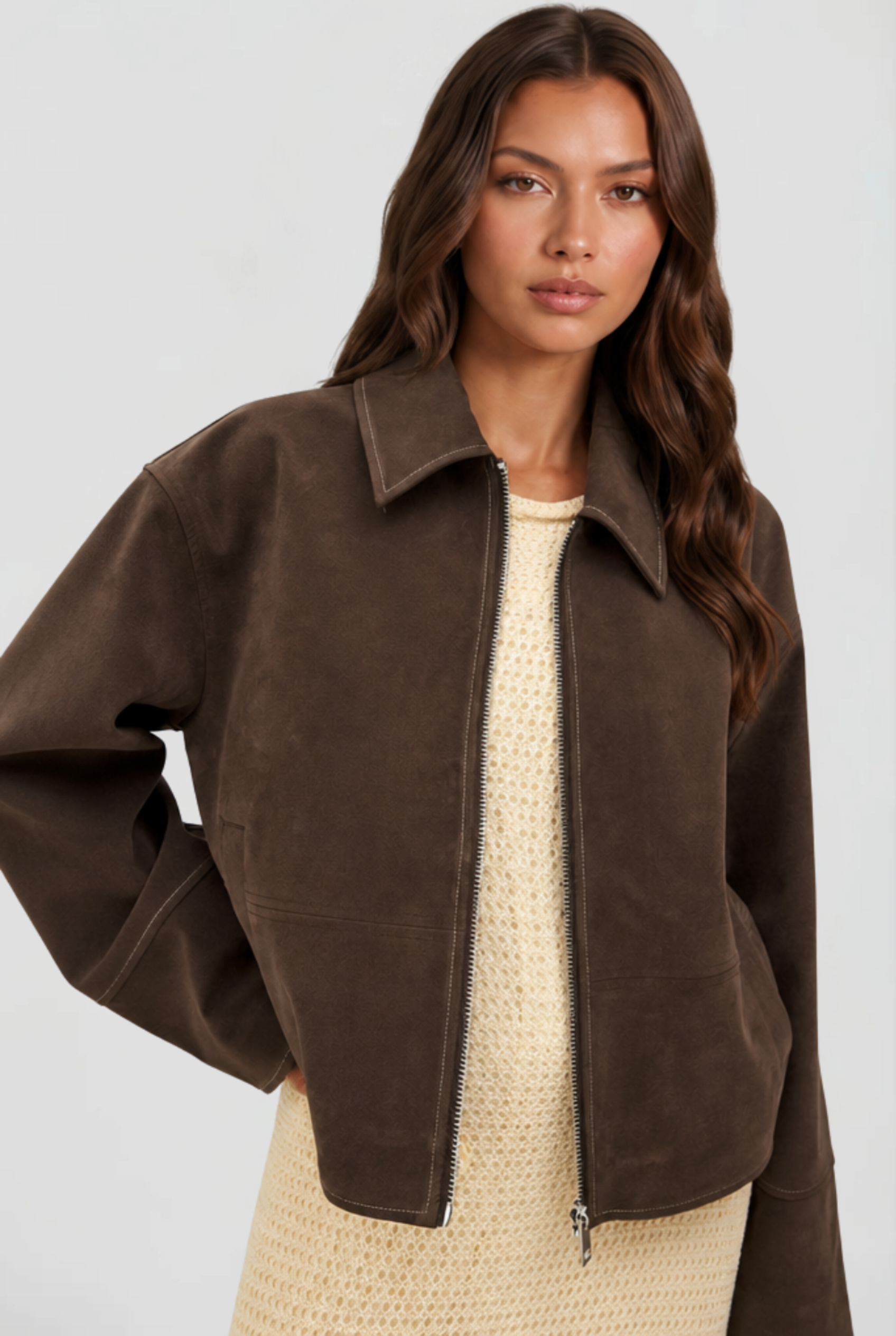 Savannah Cropped Zip Suede Jacket - Brown