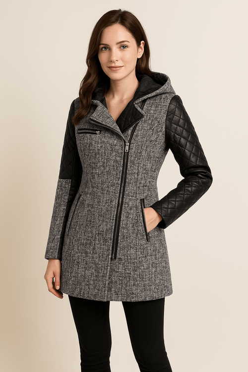 Vetra Hooded Quilted Sleeve Longline Coat - Gray