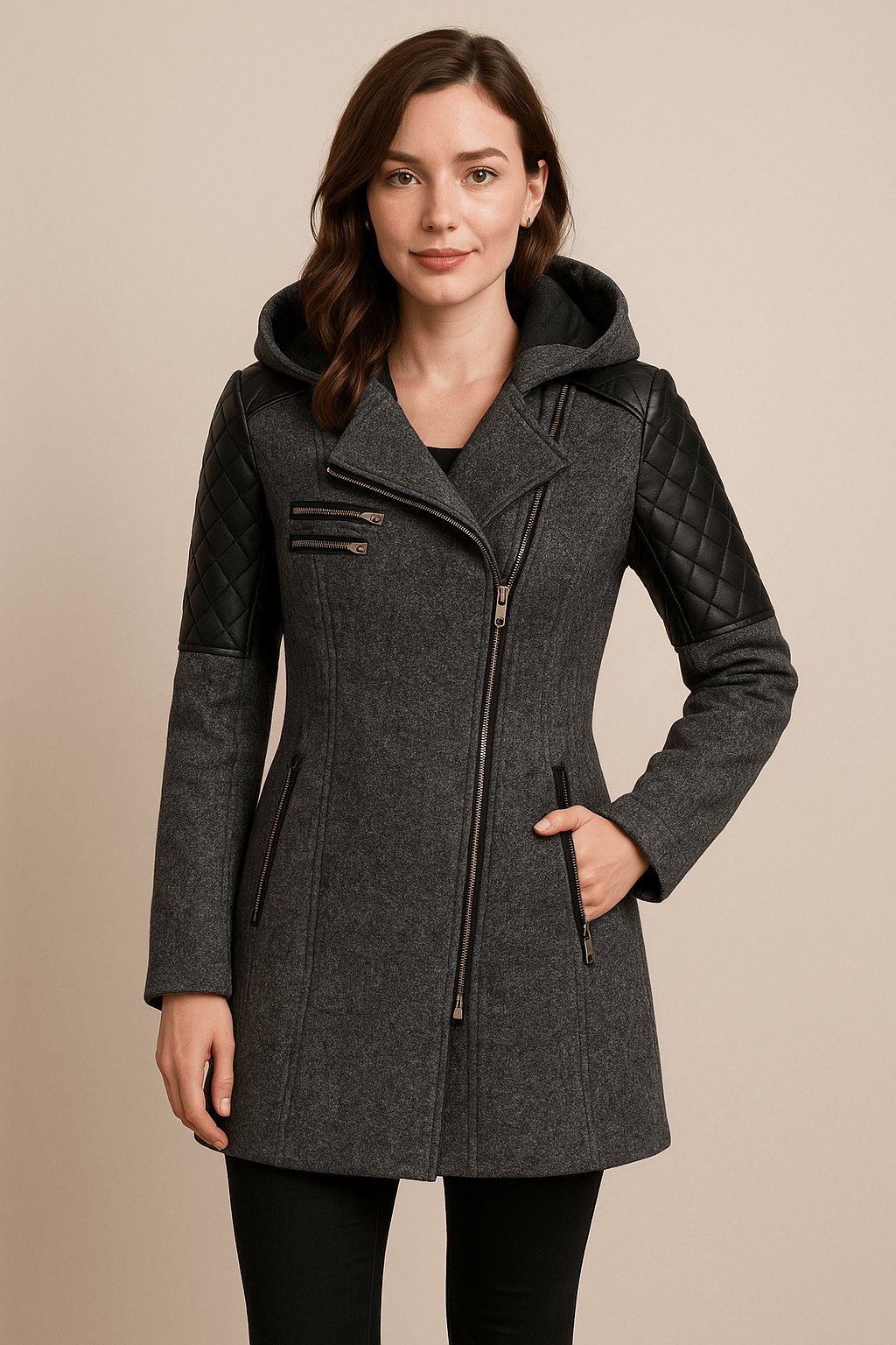 Vetra Hooded Quilted Sleeve Longline Coat - Dark Gray