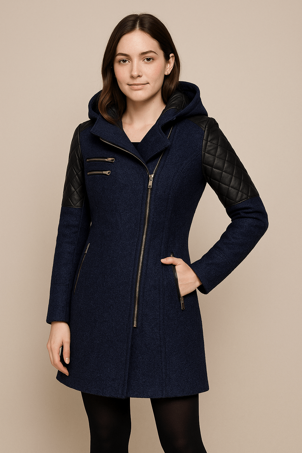 Vetra Hooded Quilted Sleeve Longline Coat - Navy