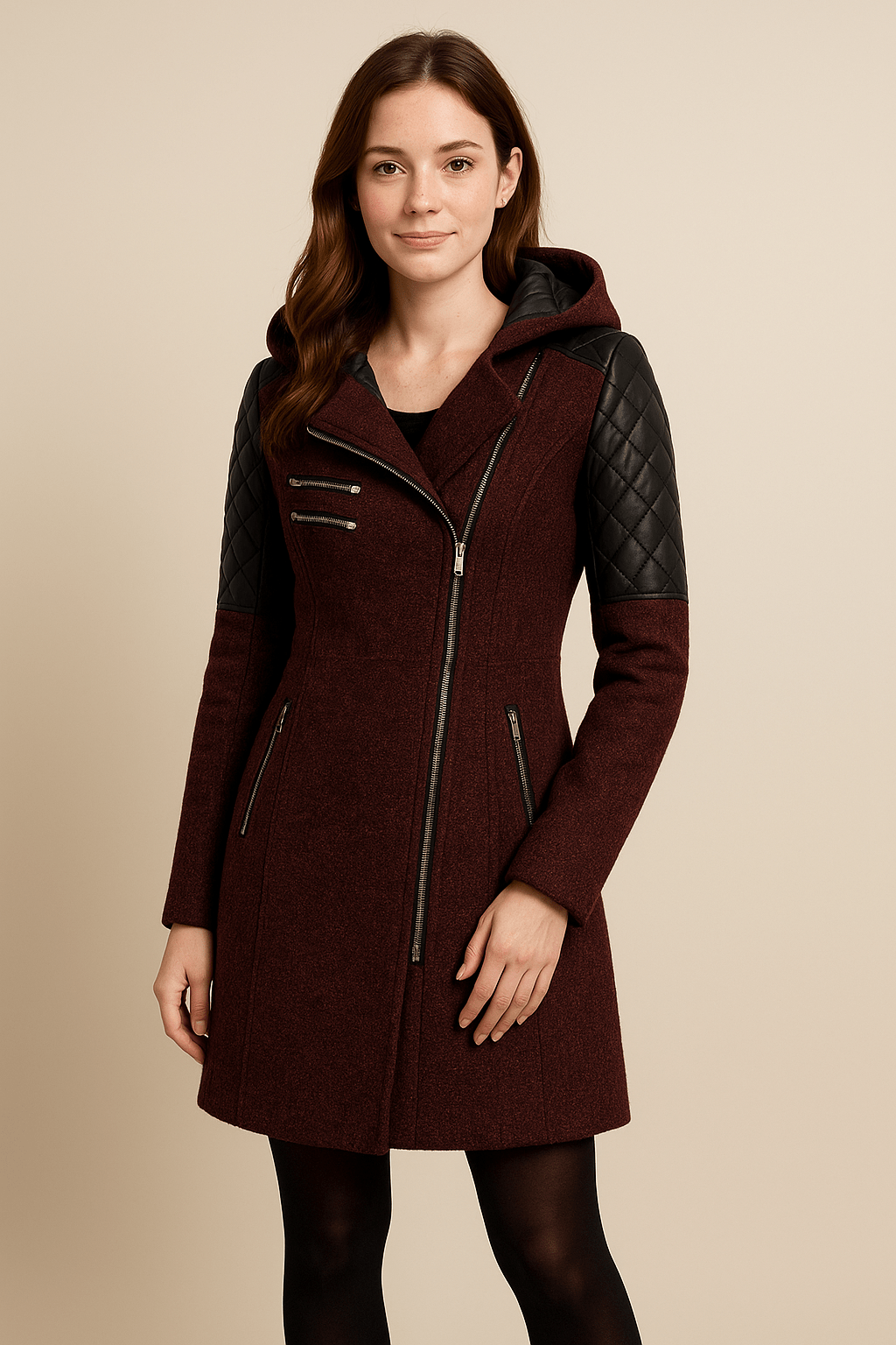 Vetra Hooded Quilted Sleeve Longline Coat - Burgundy