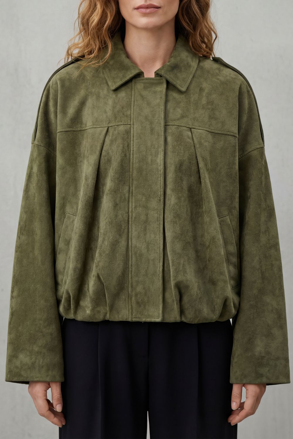 Solenné Suede Pleated Oversized Bomber Jacket - Olive