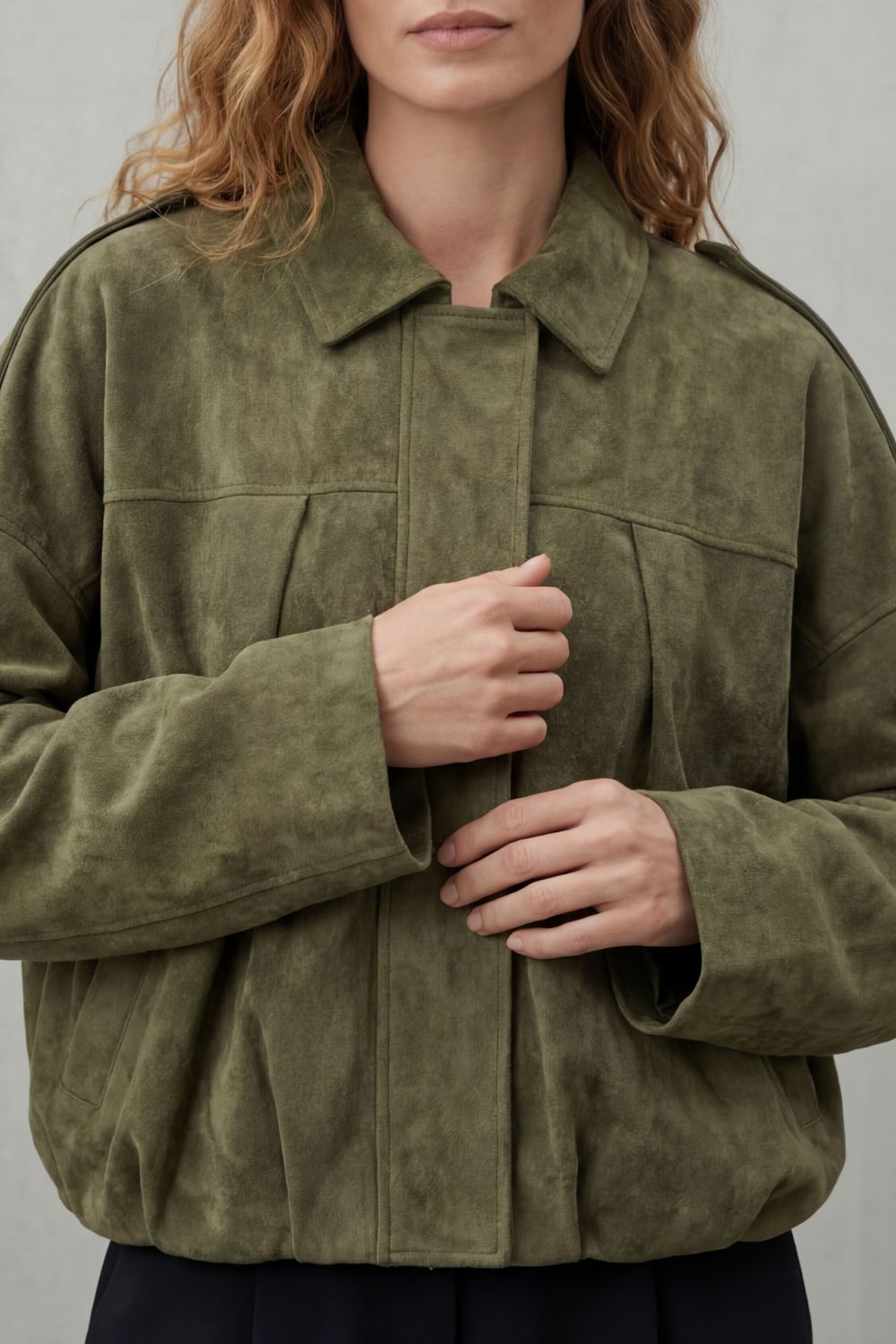 Solenné Suede Pleated Oversized Bomber Jacket