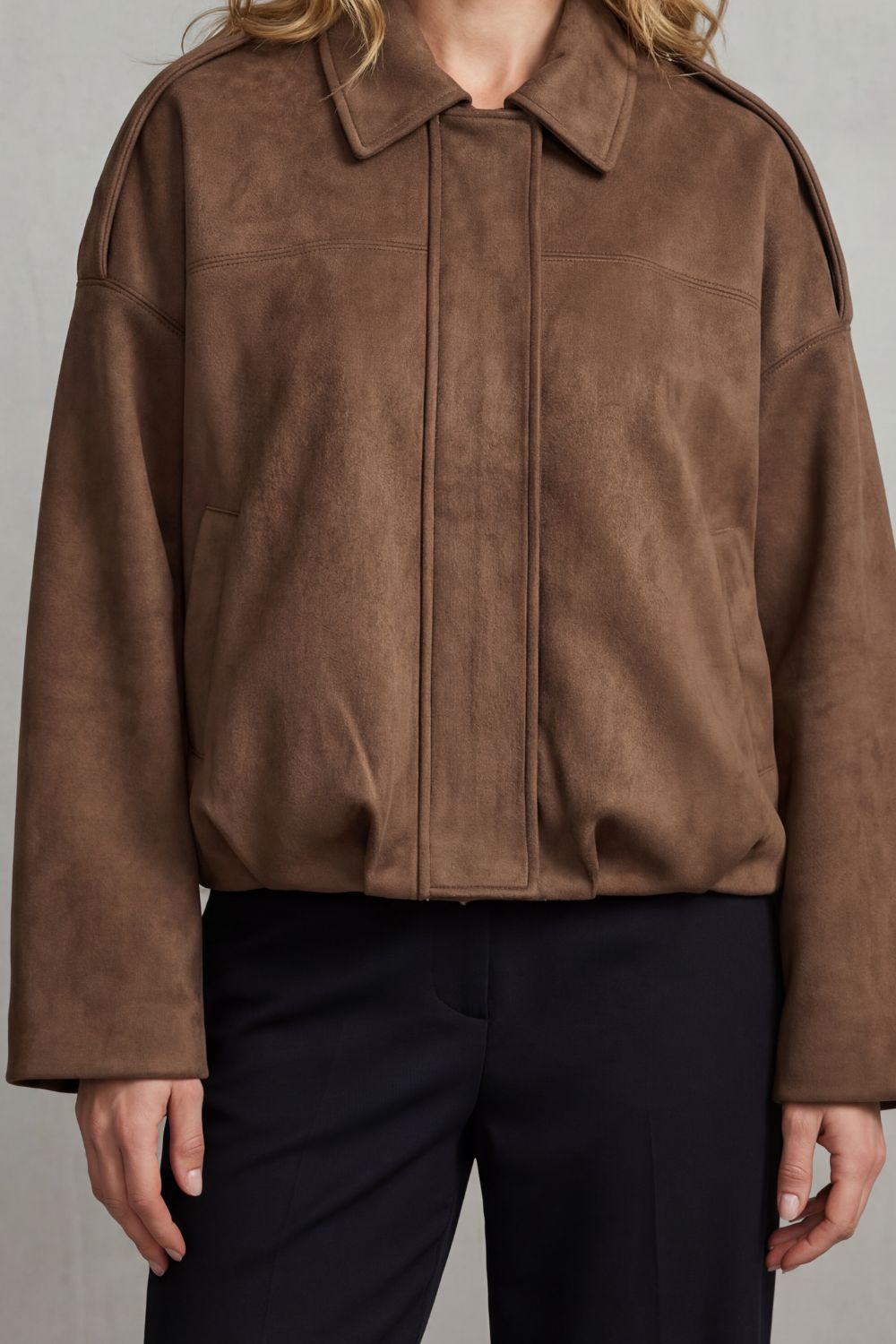 Solenné Suede Pleated Oversized Bomber Jacket