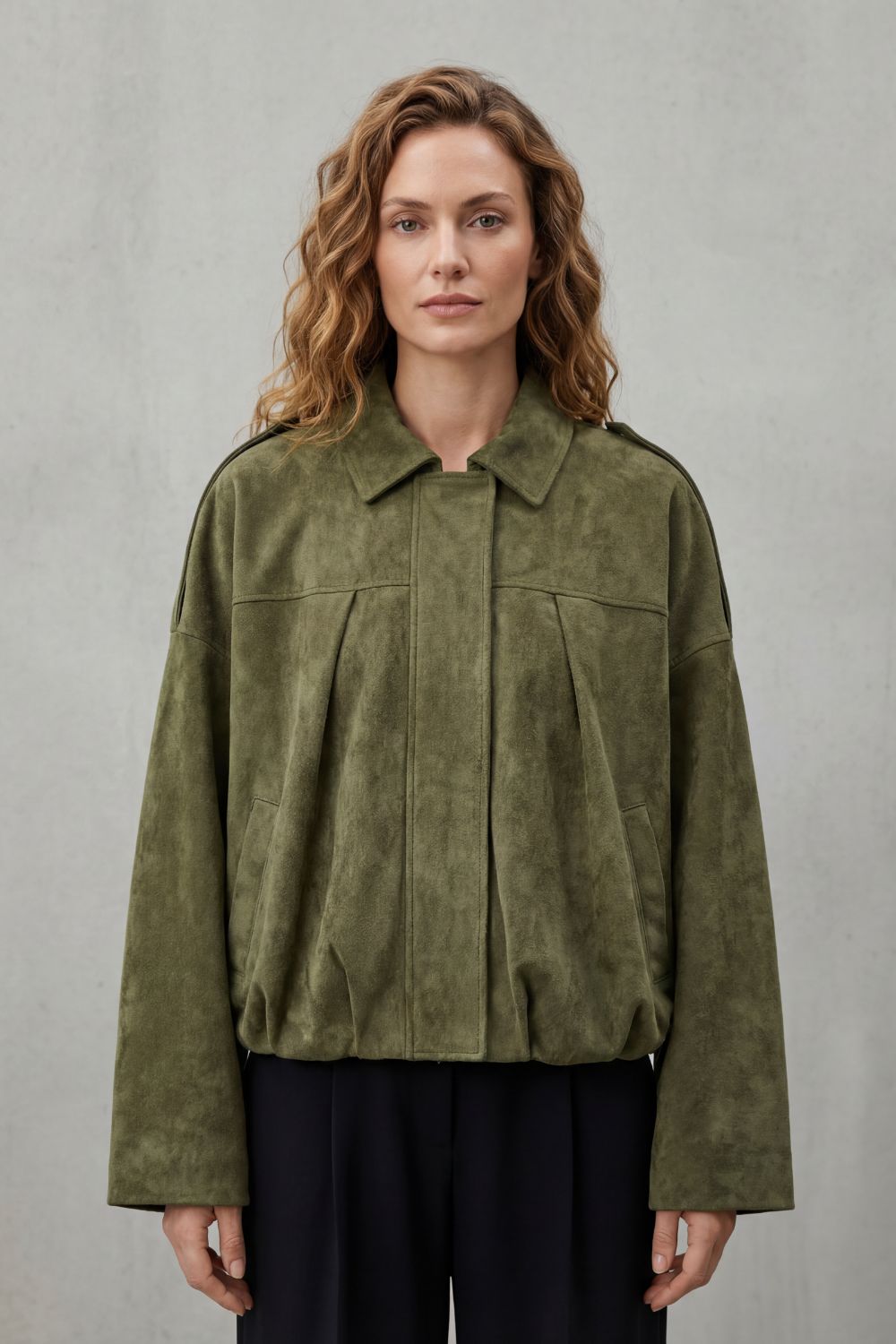 Solenné Suede Pleated Oversized Bomber Jacket