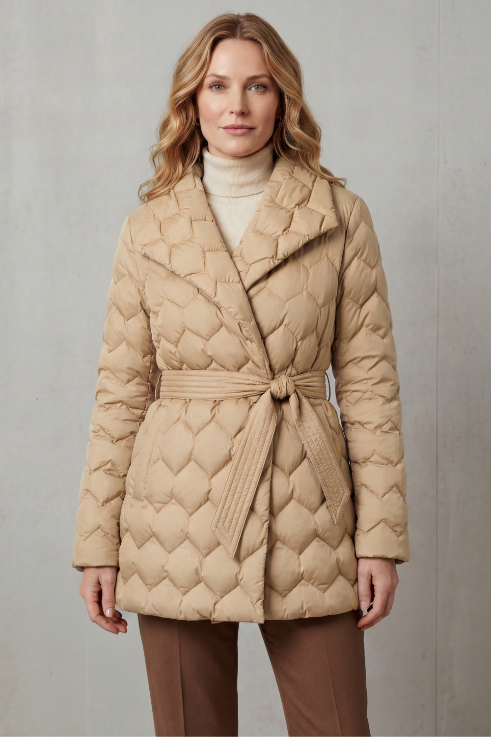 Solenza Quilted Belted Puffer Jacket - Beige
