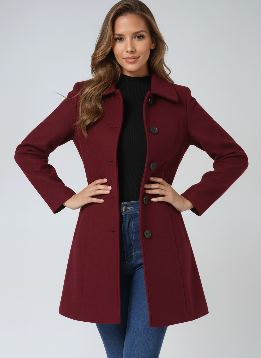 Josephine Breasted High Neck Button Trench Coat - Dark Red