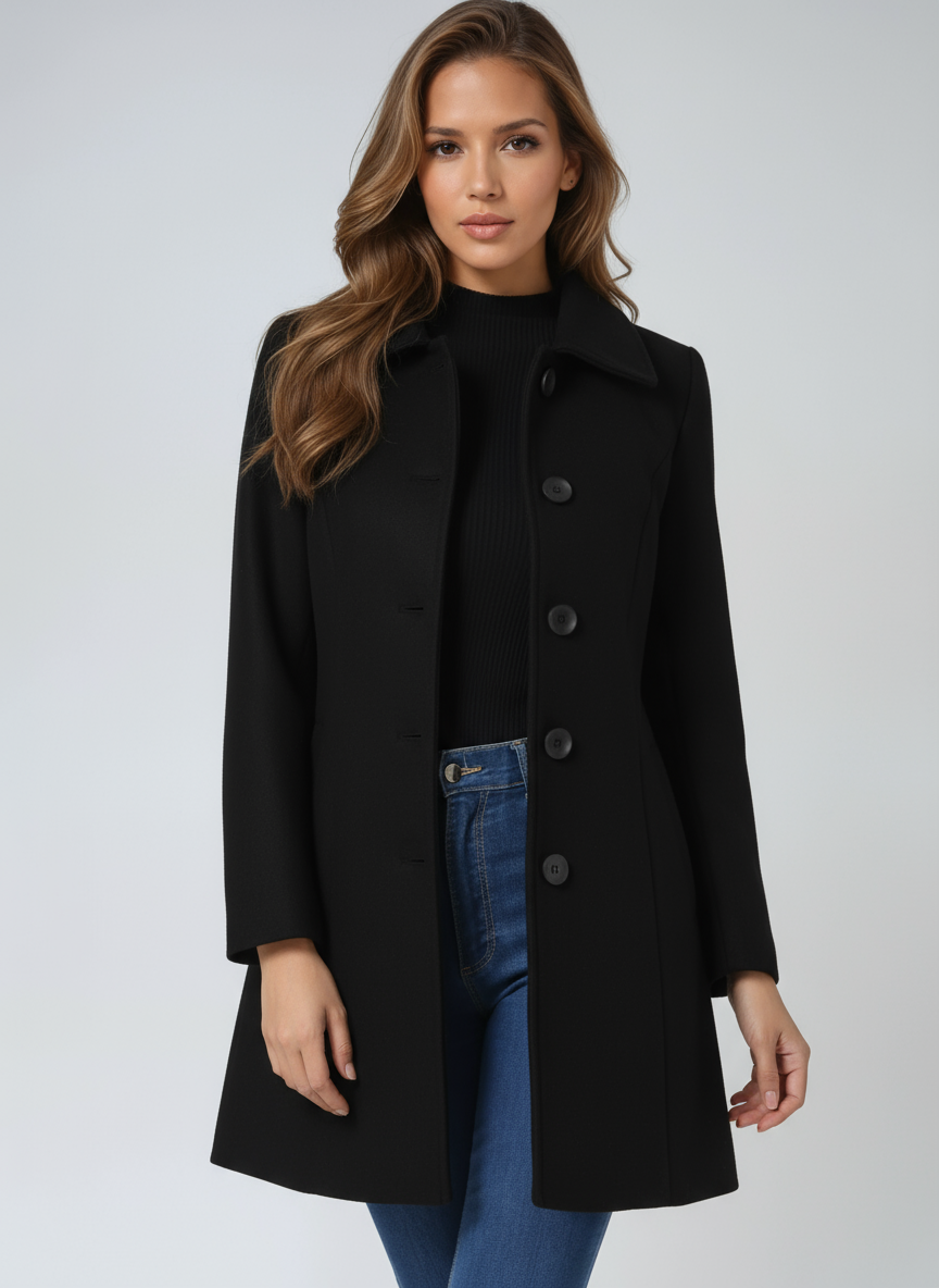 Josephine Breasted High Neck Button Trench Coat - Black
