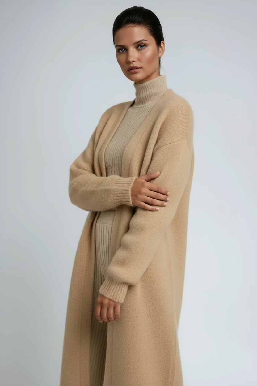 Hena Long Wool Cardigan Coat - Khaki