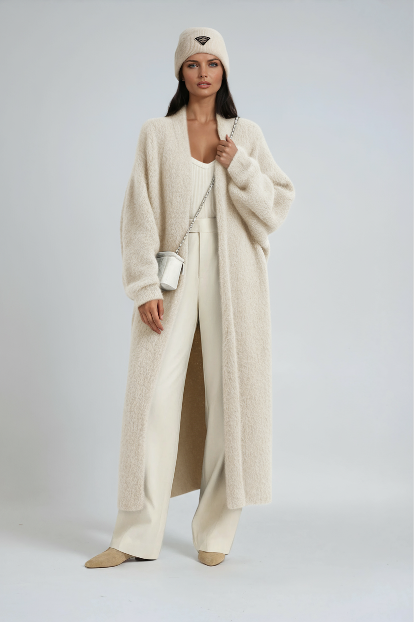 Hena Long Wool Cardigan Coat - White