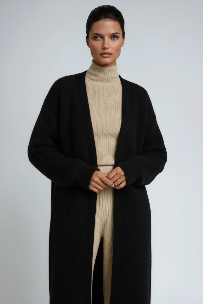 Hena Long Wool Cardigan Coat - Black