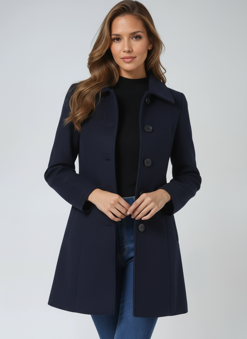 Josephine Breasted High Neck Button Trench Coat - Dark Blue
