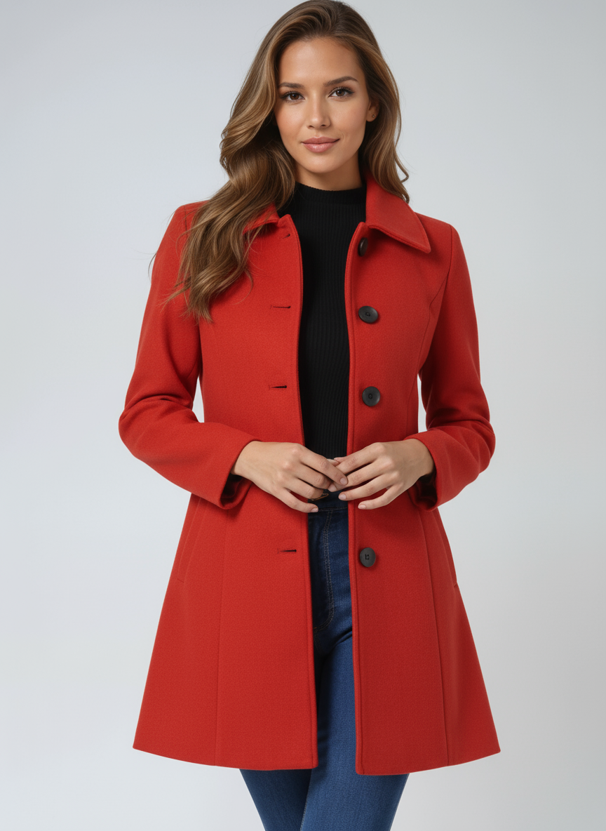 Josephine Breasted High Neck Button Trench Coat - Red