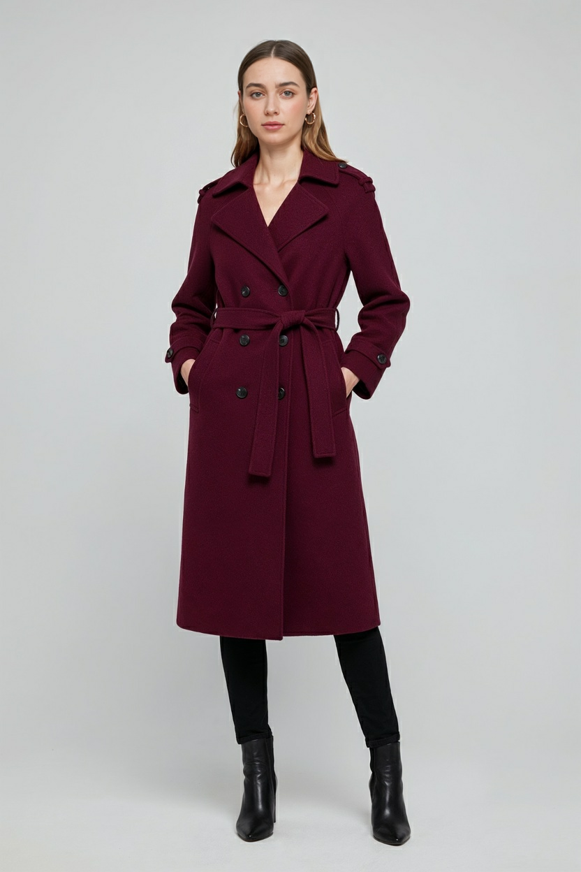 Madeline Double Breasted Belted Trench Coat - Burgundy