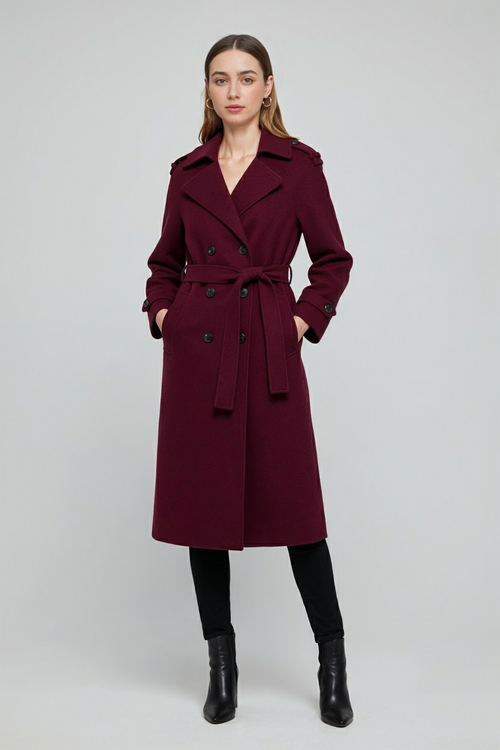 Madeline Double Breasted Belted Trench Coat - Burgundy