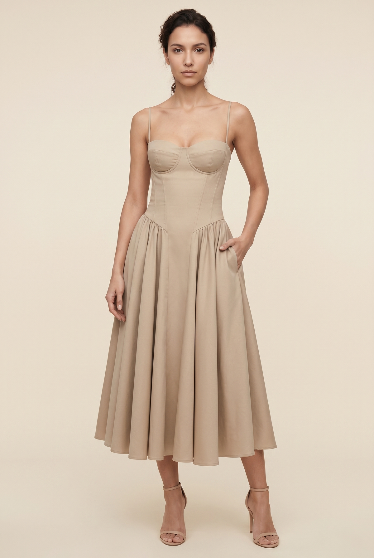 Ailsa Sweetheart Midi Dress - Beige