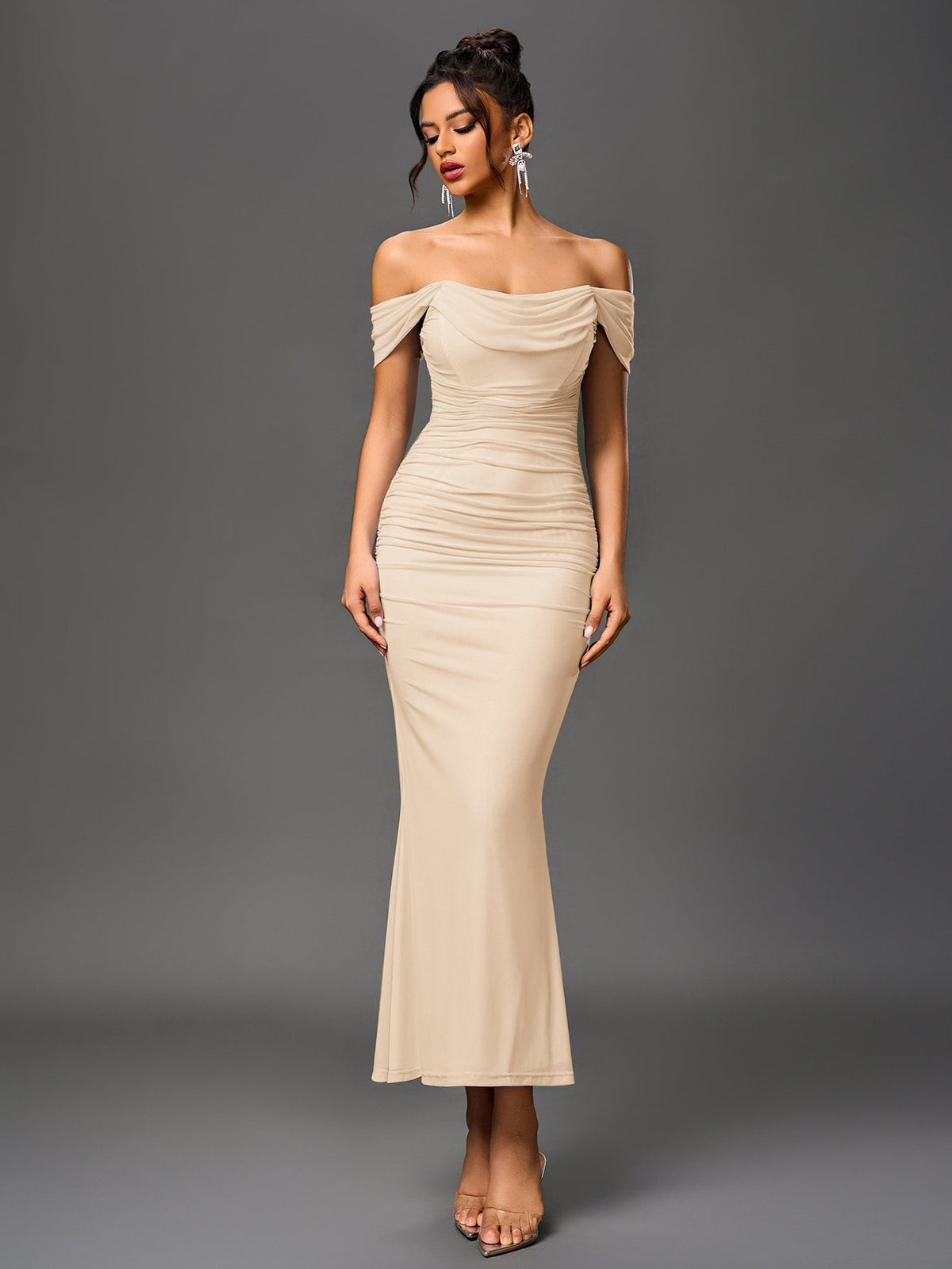 Alida Off Shoulder Maxi Dress - Beige