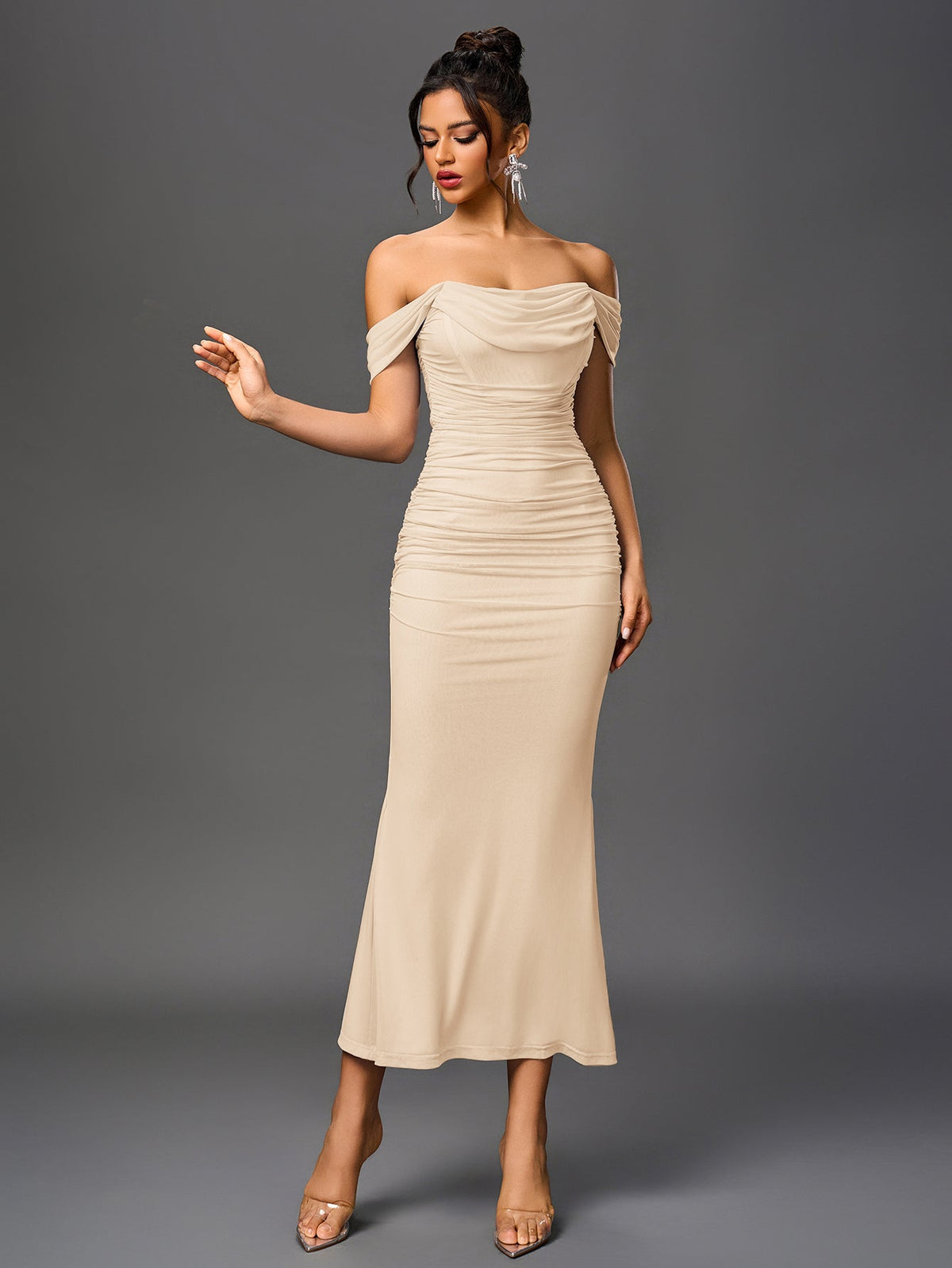 Alida Off Shoulder Maxi Dress - Beige