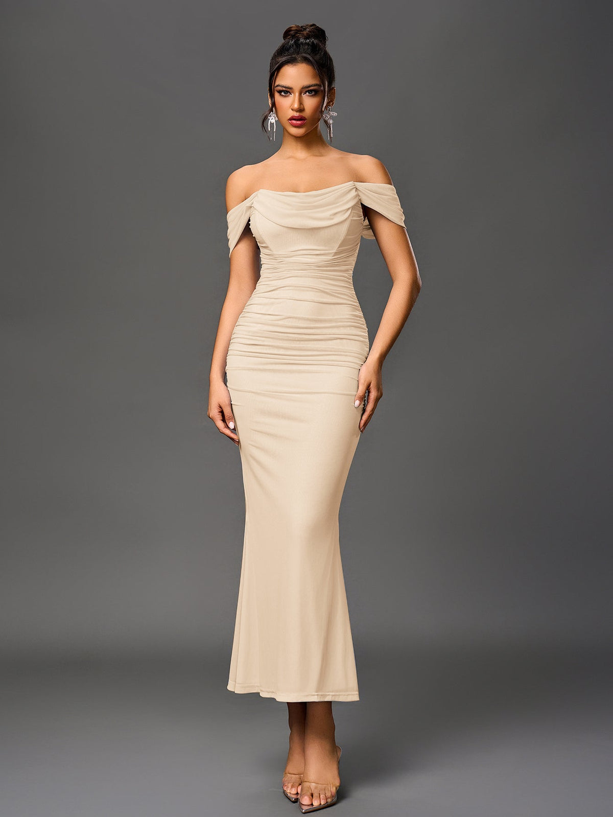 Alida Off Shoulder Maxi Dress - Beige