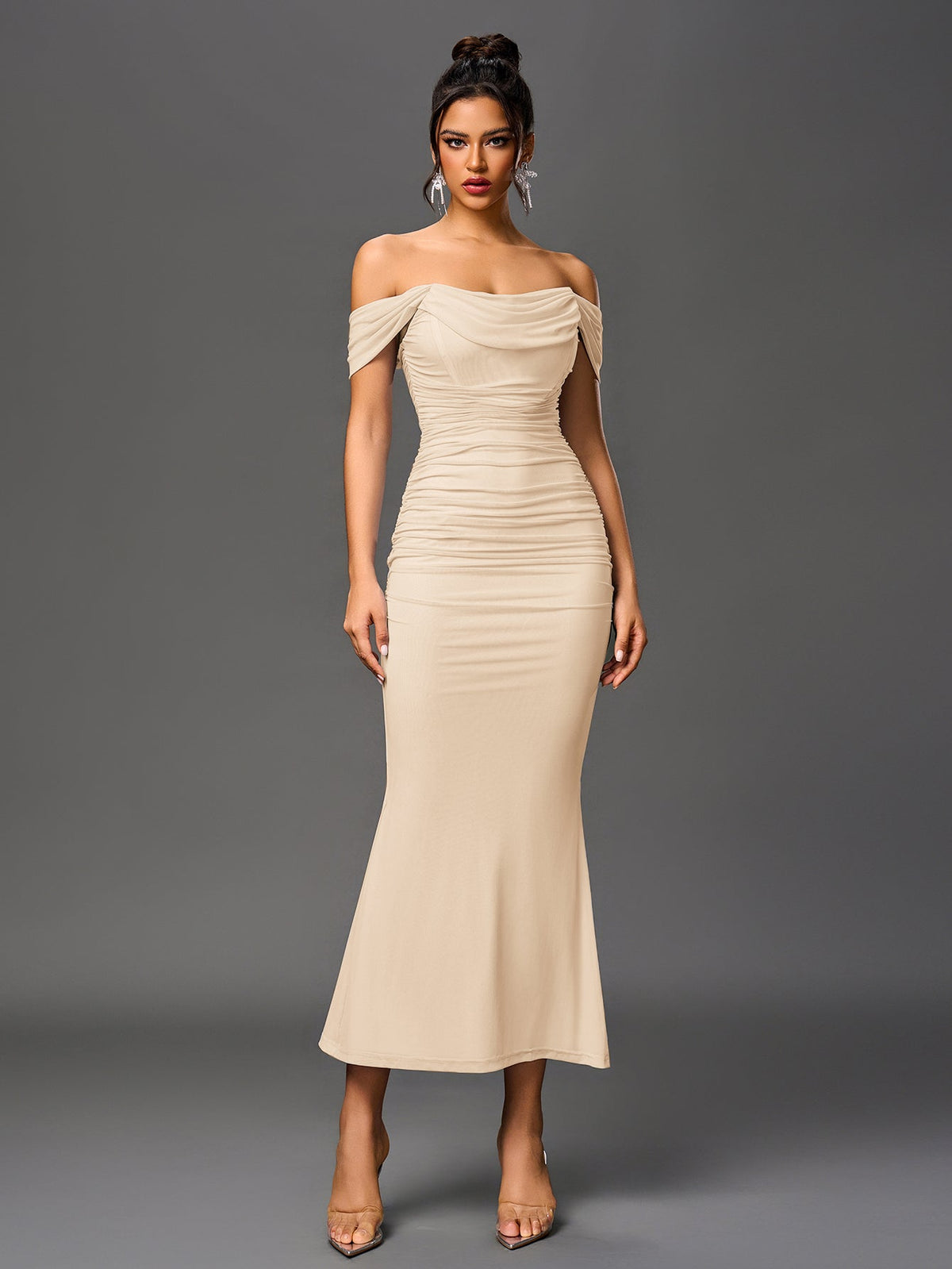 Alida Off Shoulder Maxi Dress - Beige