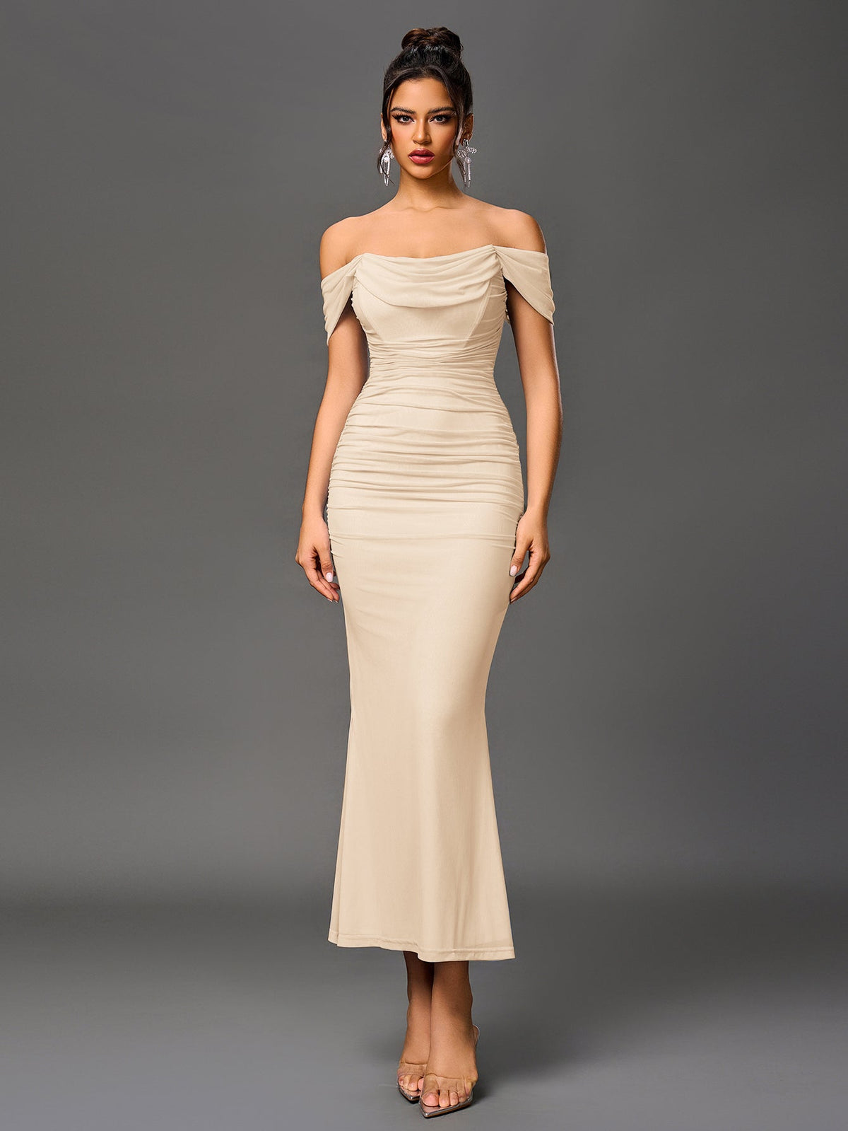 Alida Off Shoulder Maxi Dress - Beige