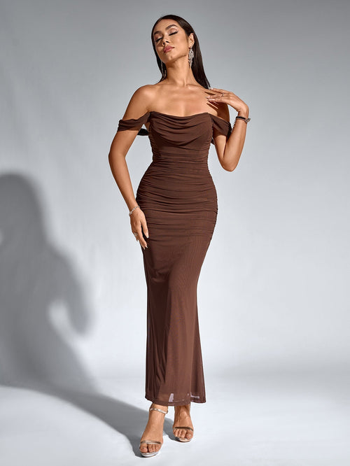Alida Off Shoulder Maxi Dress - Chocolate Brown