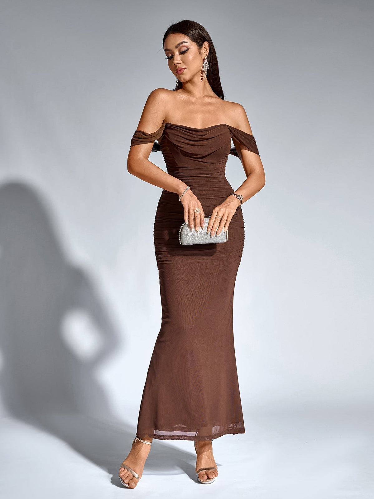 Alida Off Shoulder Maxi Dress - Chocolate Brown