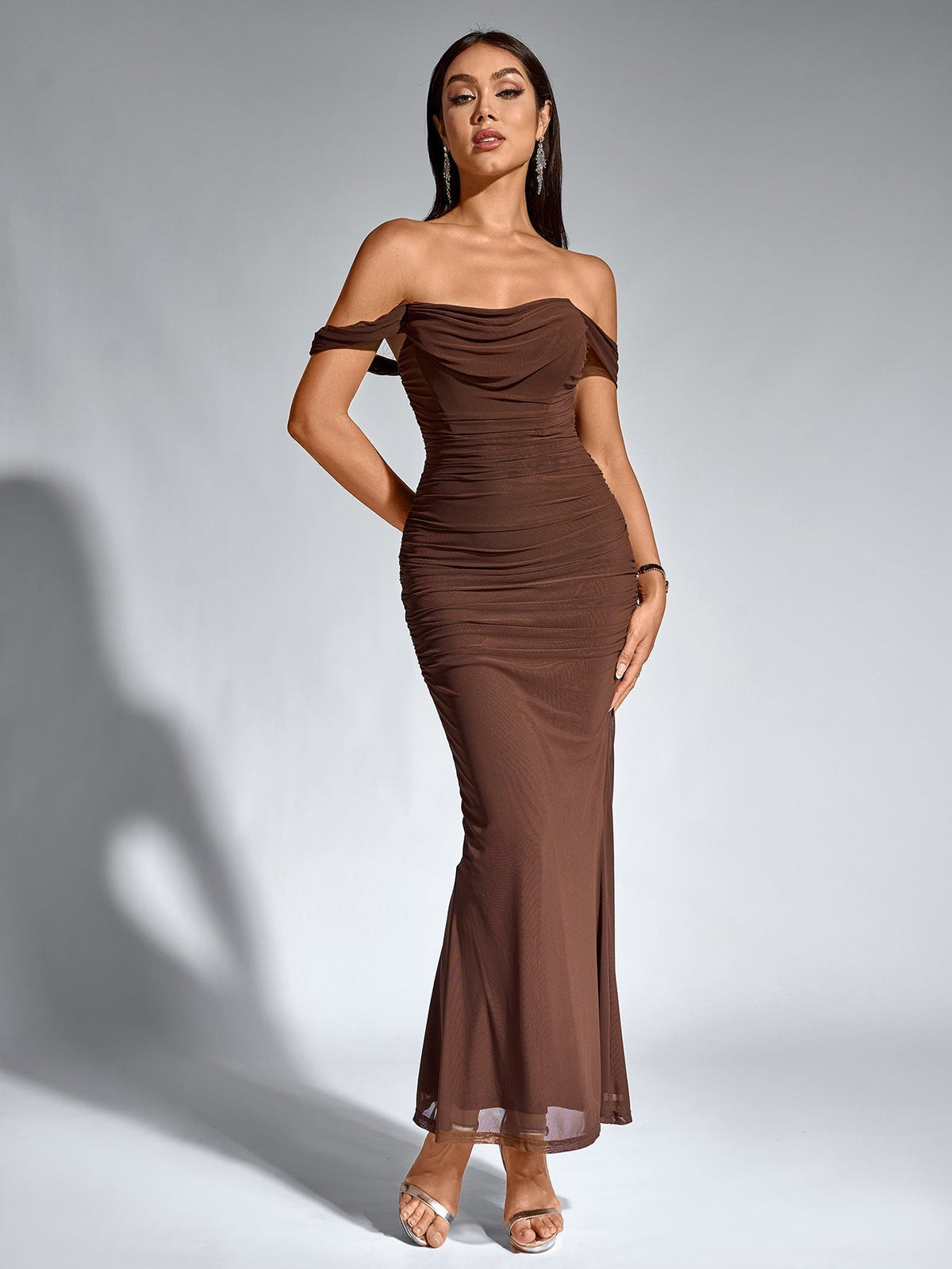 Alida Off Shoulder Maxi Dress - Chocolate Brown