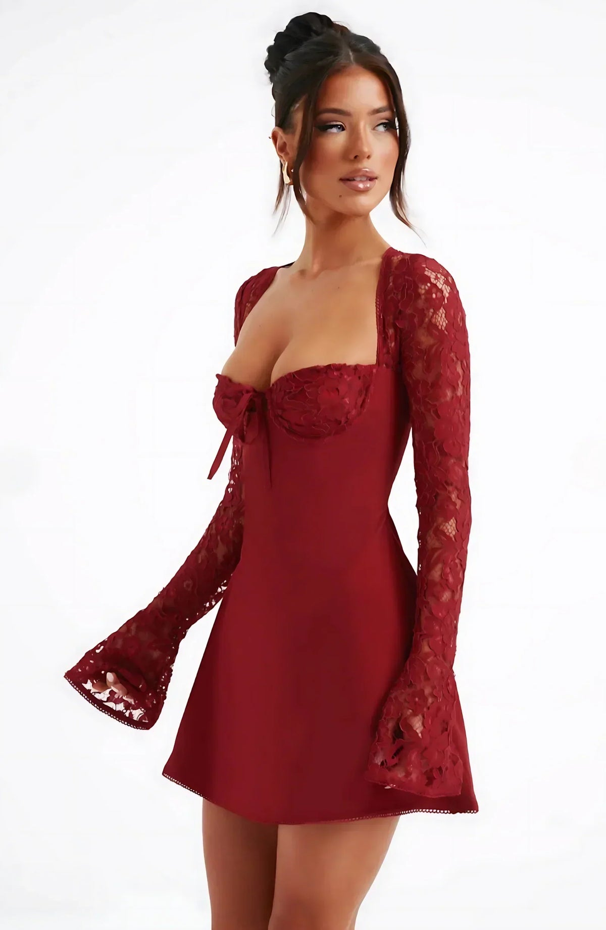 Ariadna Lace Sleeve Mini Dress - Deep Red