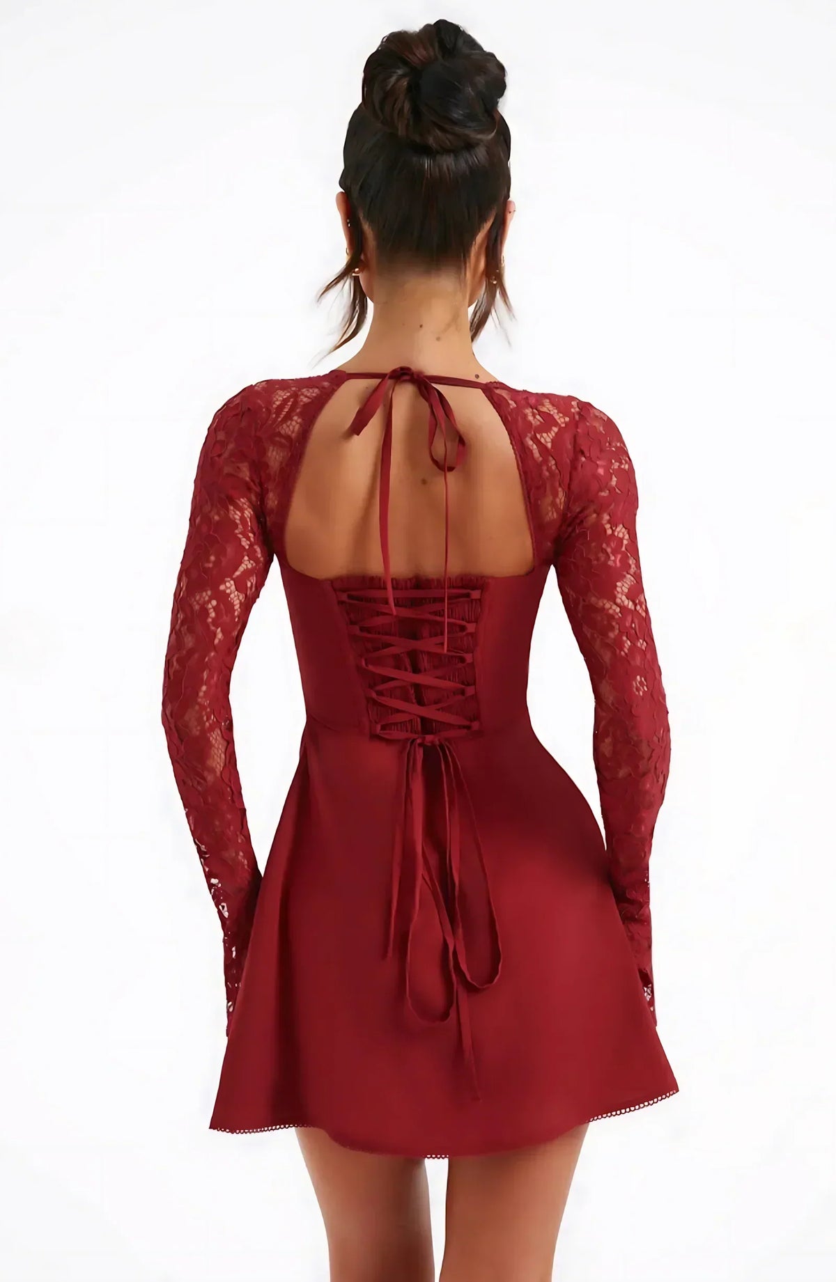 Ariadna Lace Sleeve Mini Dress - Deep Red