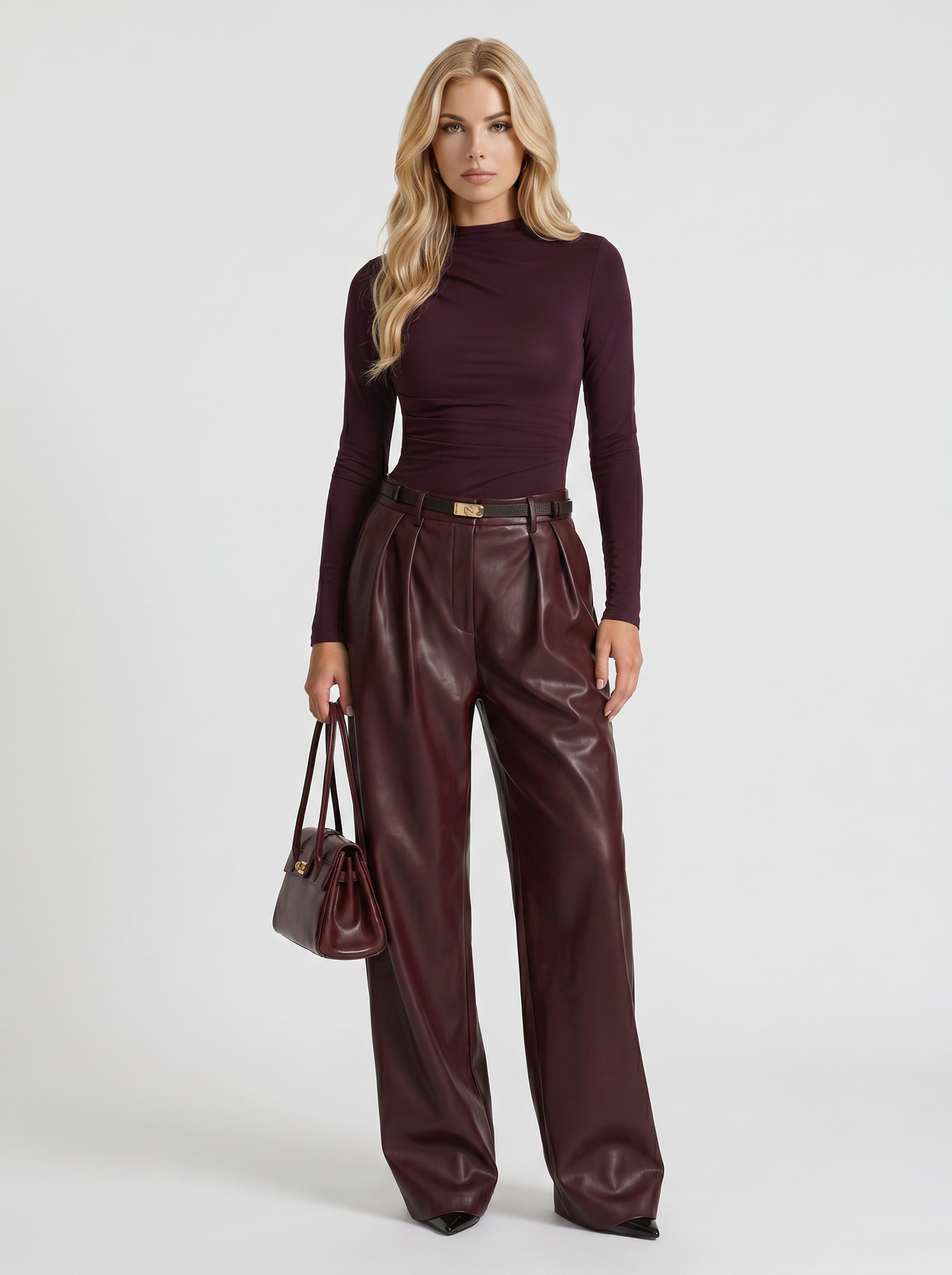 Avani Faux Leather Wide Leg Pants - Burgundy