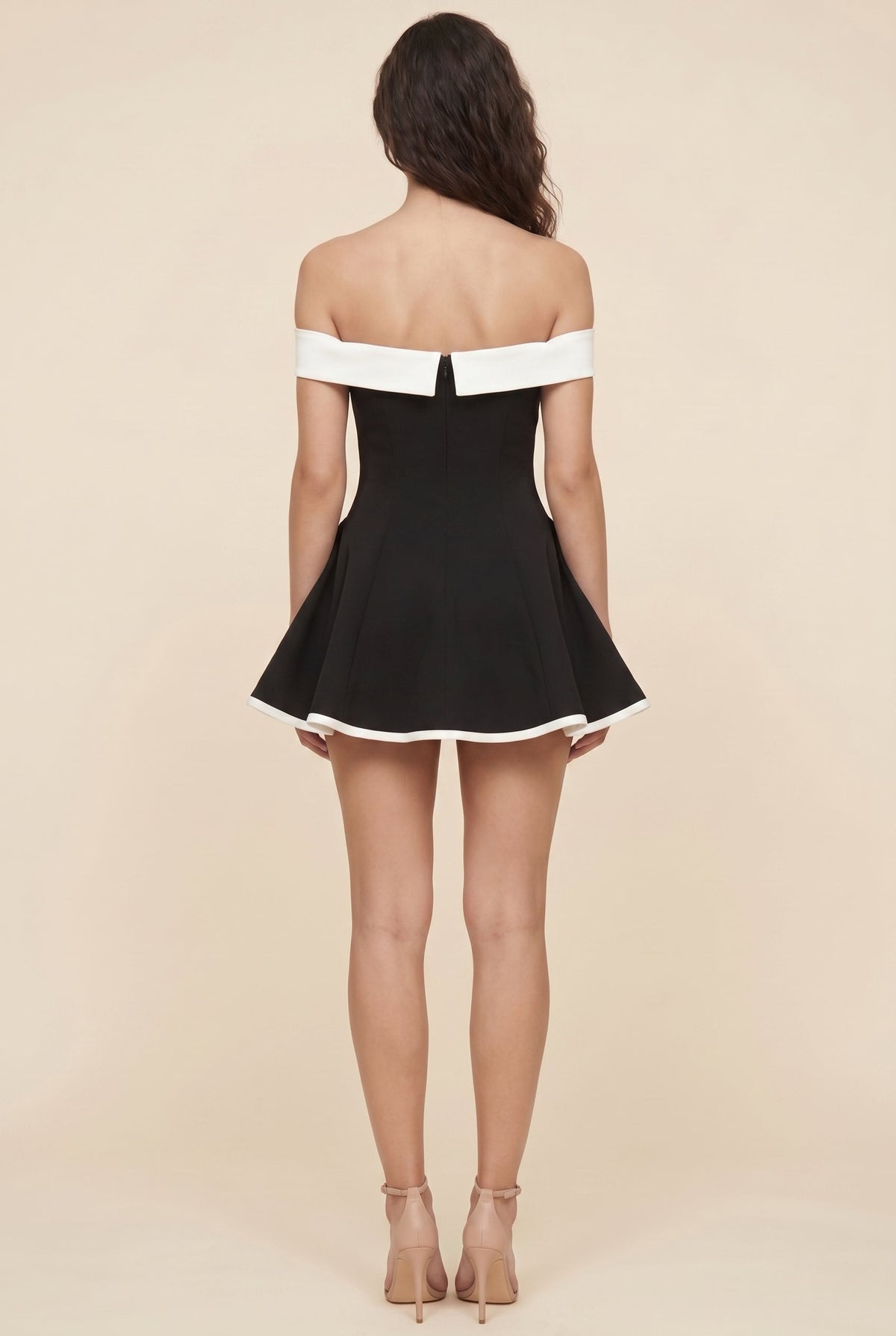 Aveline Off Shoulder Mini Dress - Black and White