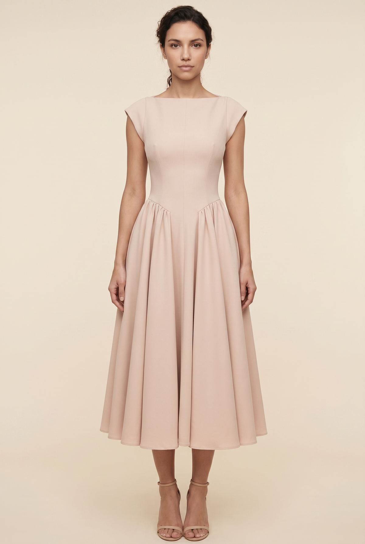 Bernadette Cap Sleeve Midi Dress - Nude