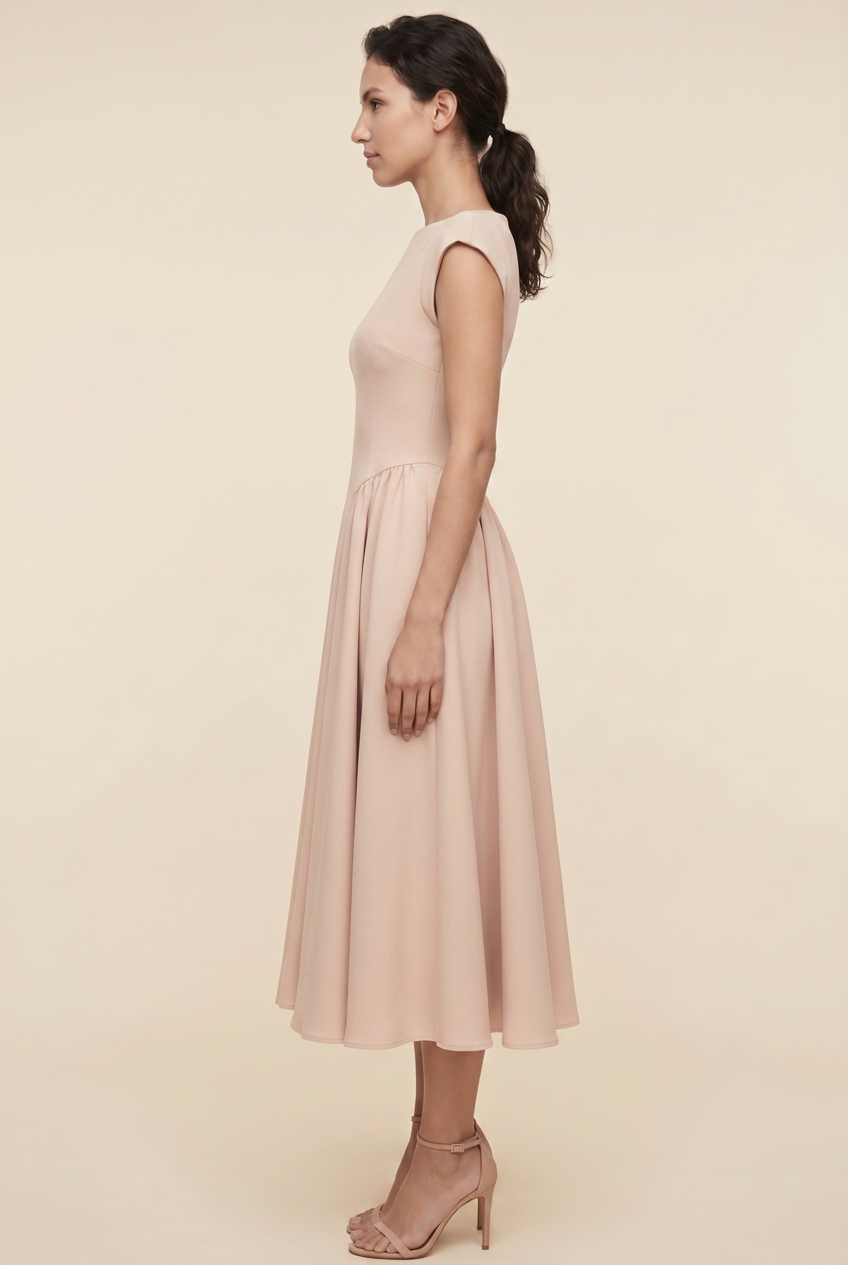 Bernadette Cap Sleeve Midi Dress - Nude
