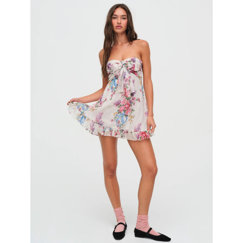 Chiara Bow Mini Dress - Ivory Floral
