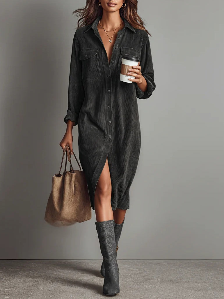Corisande Corduroy Midi Dress - Dark Grey