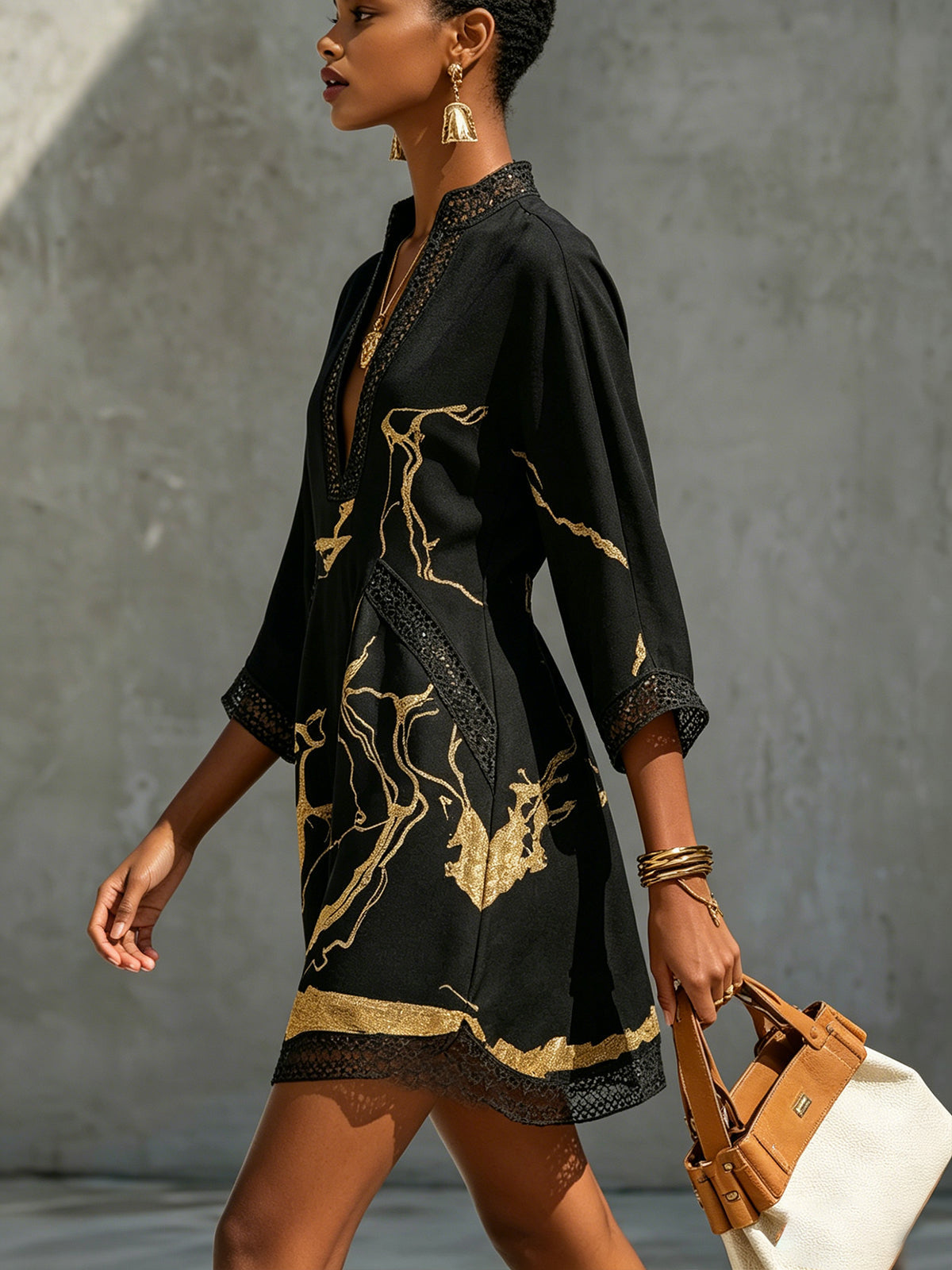 Cosette Crochet Lace Mini Dress - Black Gold Floral