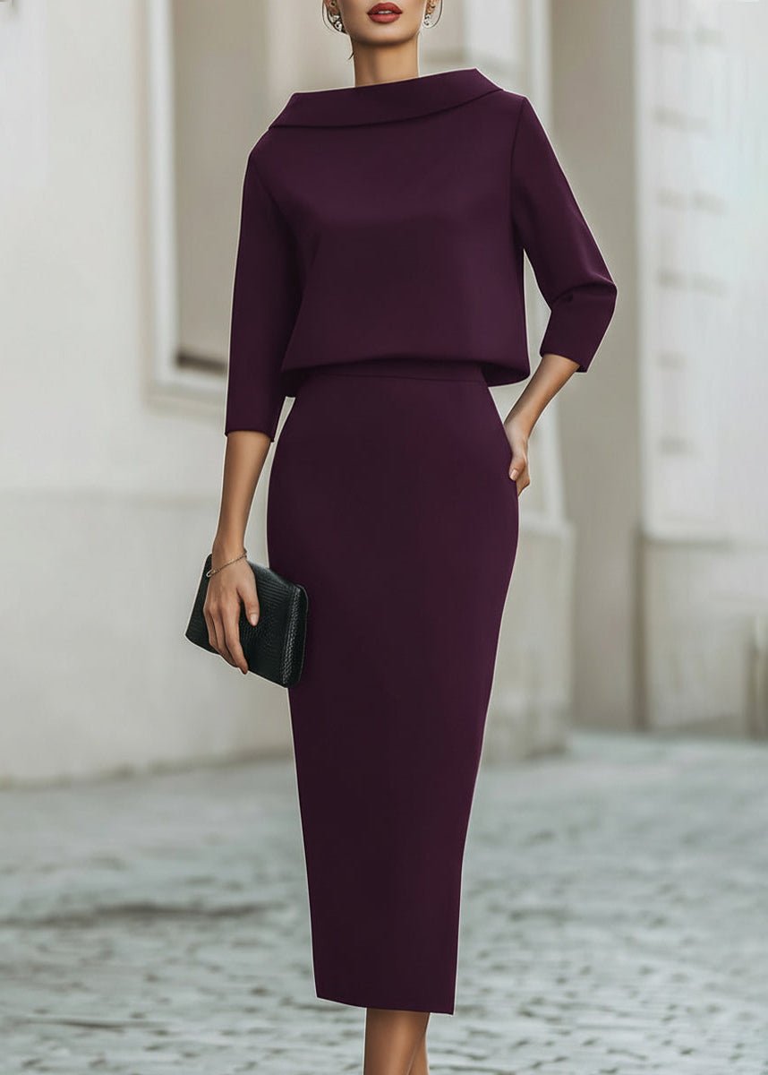 Eowyn Boat Neck Midi Skirt Set - Plum