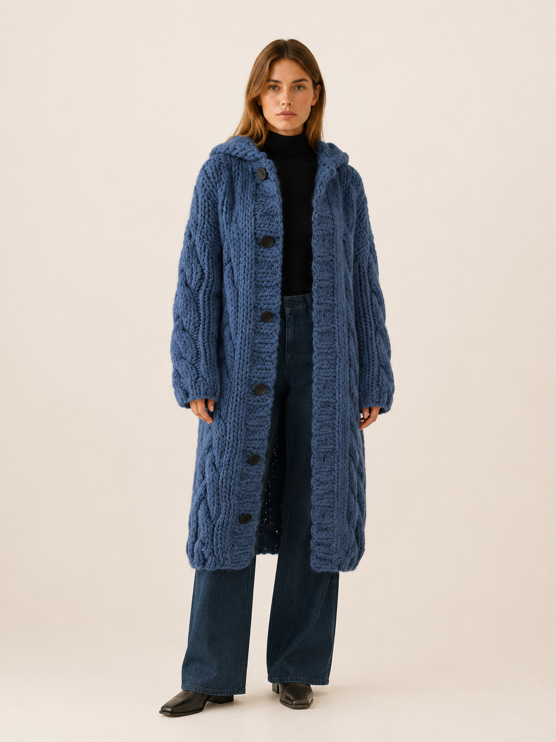 Poppy Knit Hooded Longline Cardigan Coat - Blue