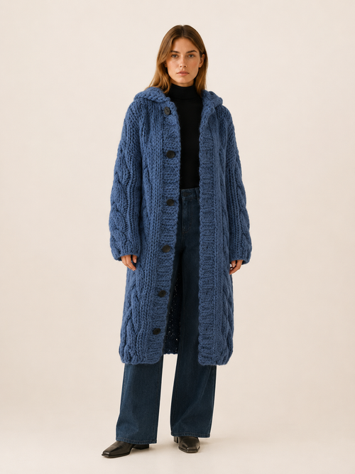 Poppy Knit Hooded Longline Cardigan Coat - Blue