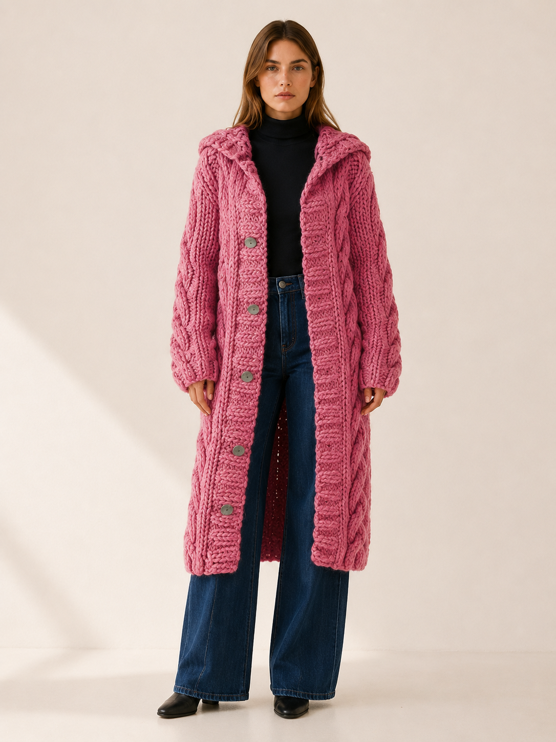 Poppy Knit Hooded Longline Cardigan Coat - Pink