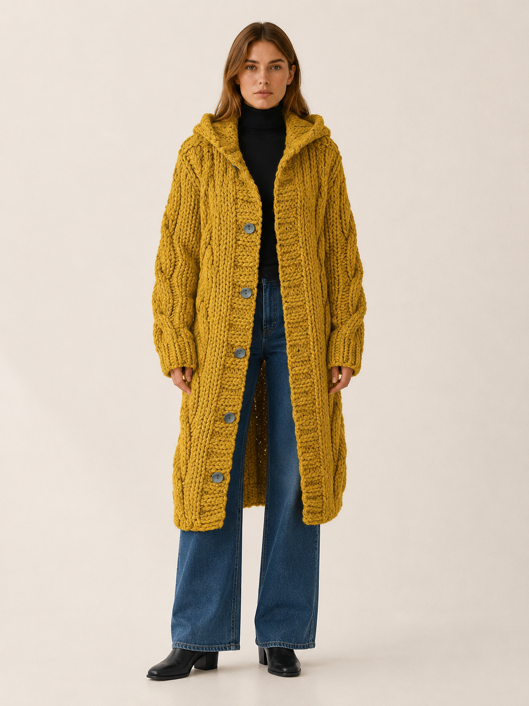Poppy Knit Hooded Longline Cardigan Coat - Yellow