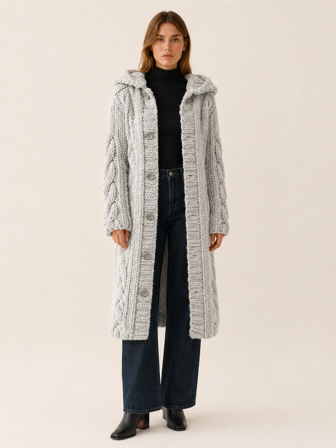 Poppy Knit Hooded Longline Cardigan Coat - Beige