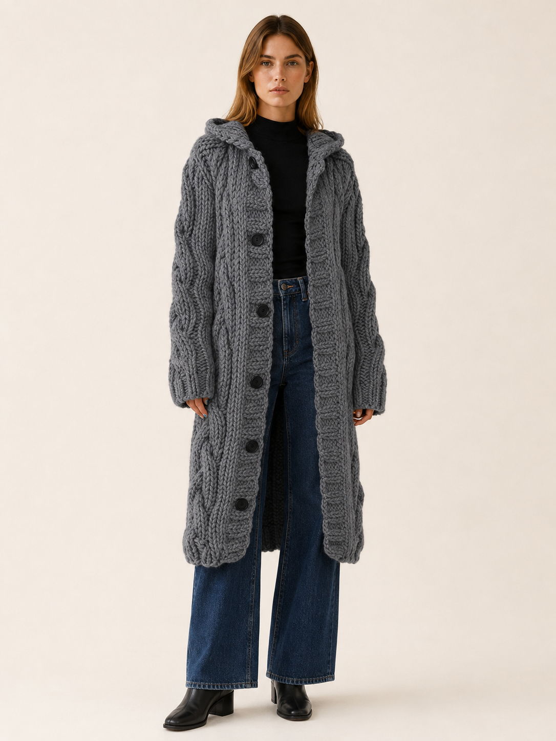 Poppy Knit Hooded Longline Cardigan Coat - Gray