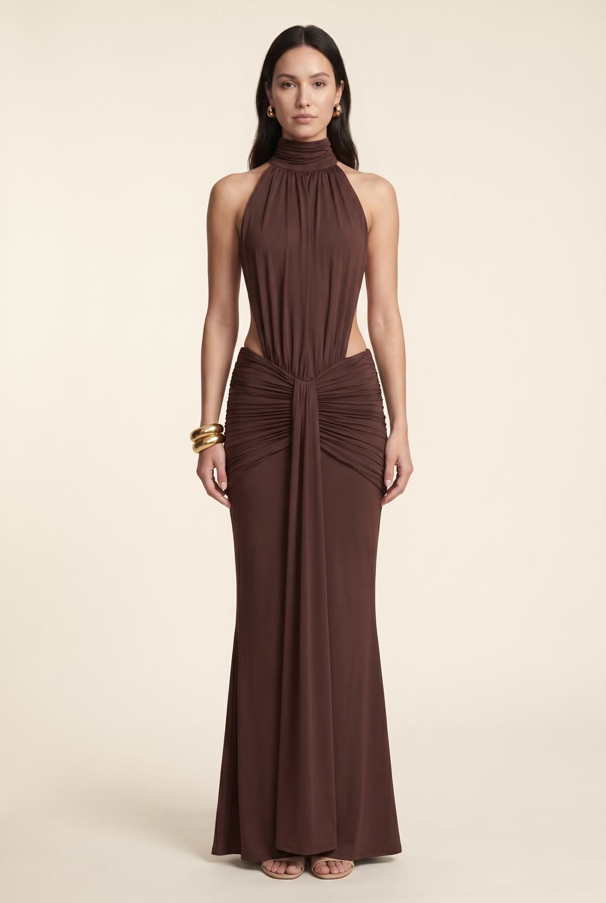 Florentine Halter Maxi Dress - Chocolate Brown