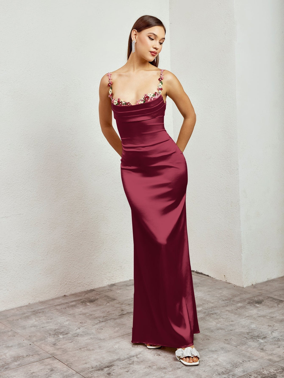 Georgette Satin Maxi Dress - Burgundy