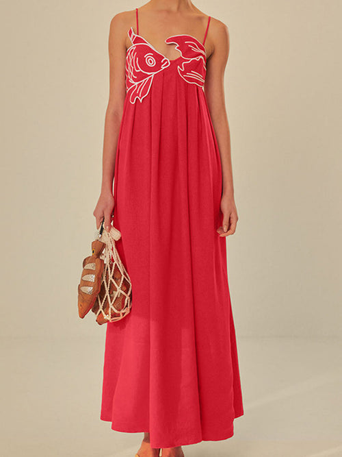 Giovanna Embroidered Maxi Dress - Red