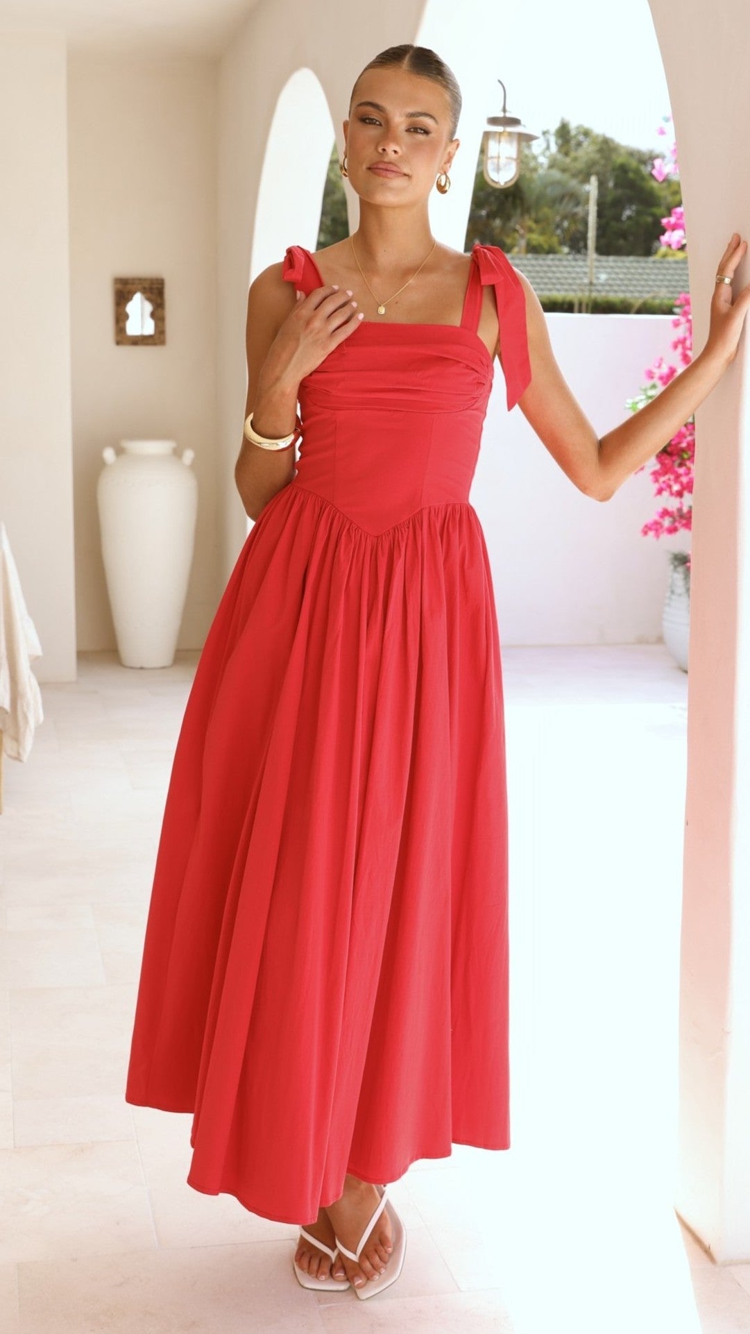 Haisley Tie Strap Midi Dress - Red