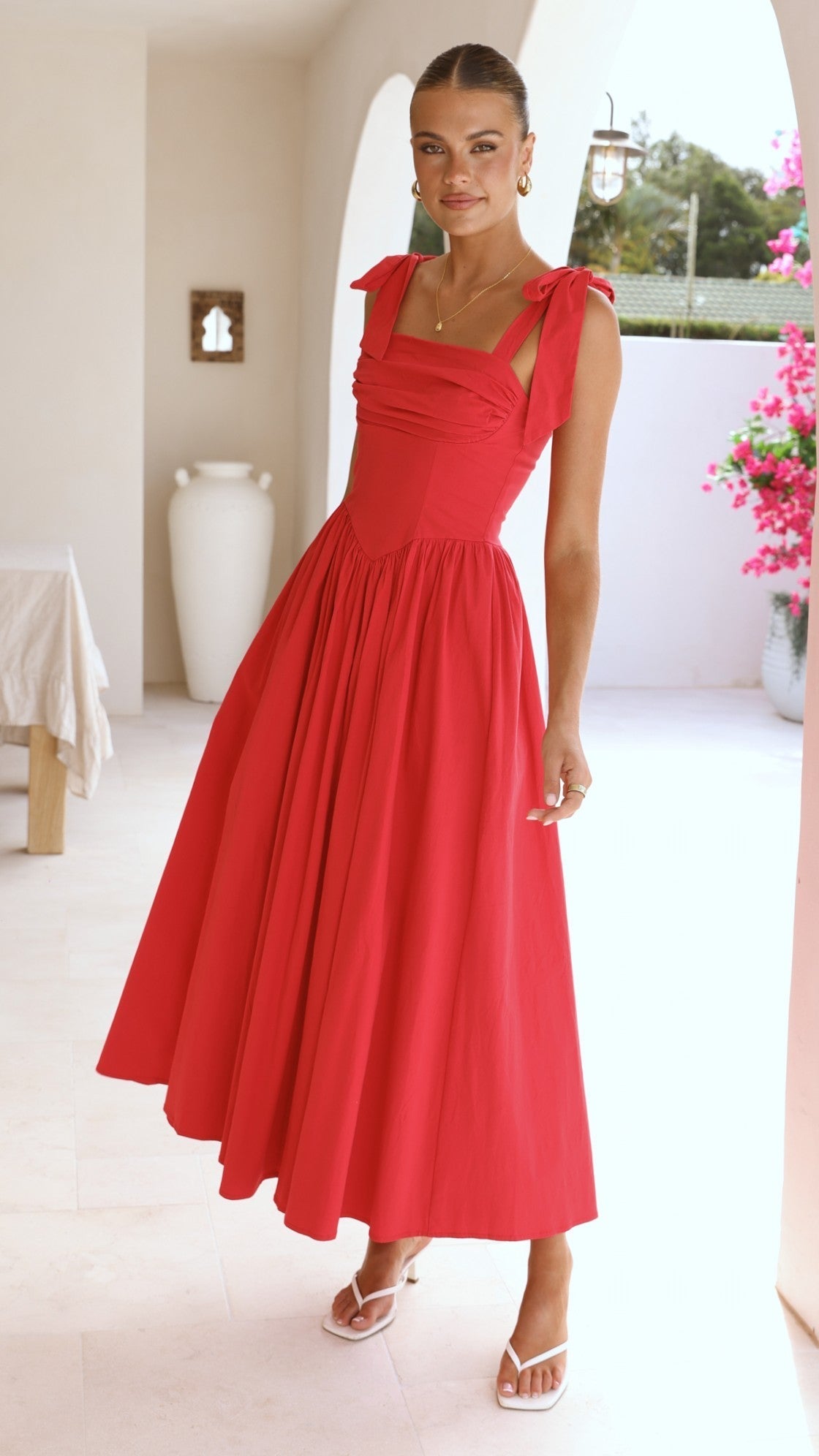 Haisley Tie Strap Midi Dress - Red